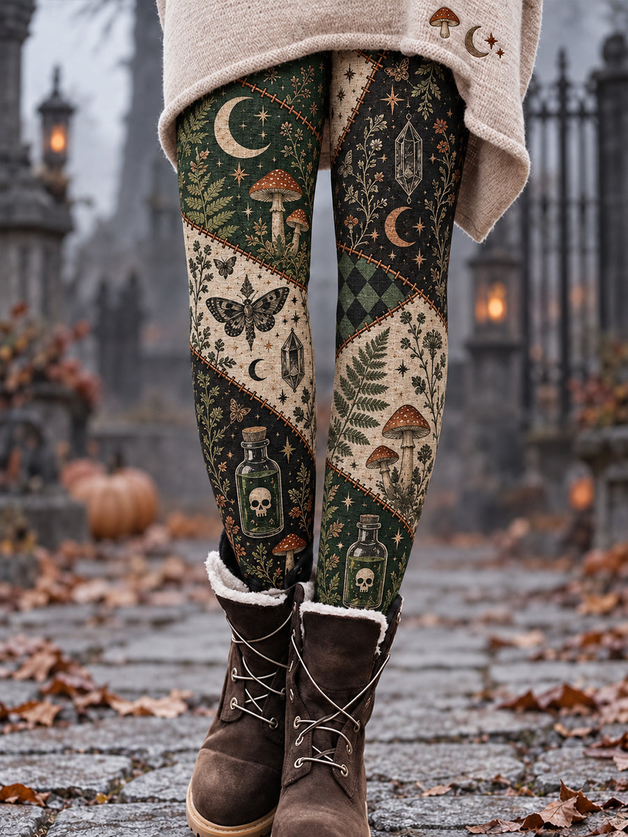 Women's Gothic Halloween Forest Witch Mushroom Patchwork Leggings