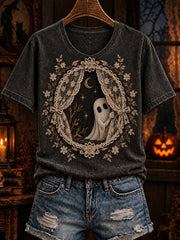 Women's Halloween Gothic-style lace and Boo pattern print casual short-sleeve T-shirt.