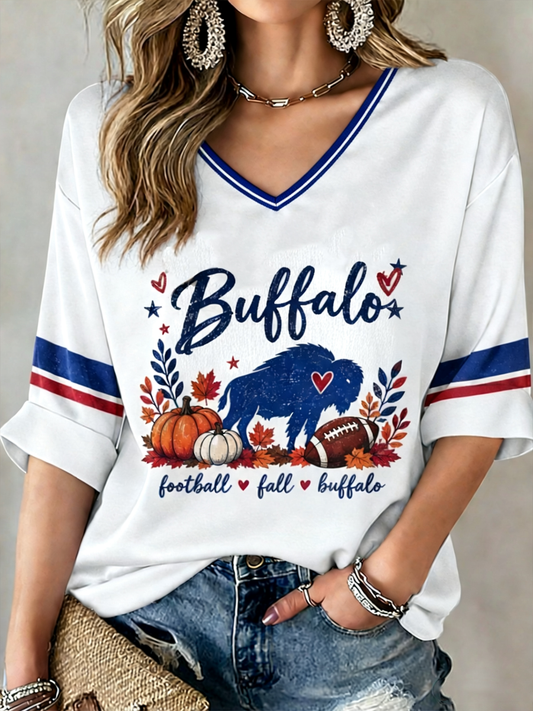Women's Football Lover Bulls Be Good Art Printed Mid-length Sleeves V-Neck T-Shirt