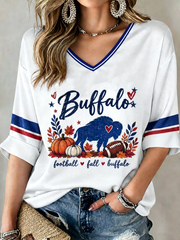 Women's Football Lover Bulls Be Good Art Printed Mid-length Sleeves V-Neck T-Shirt