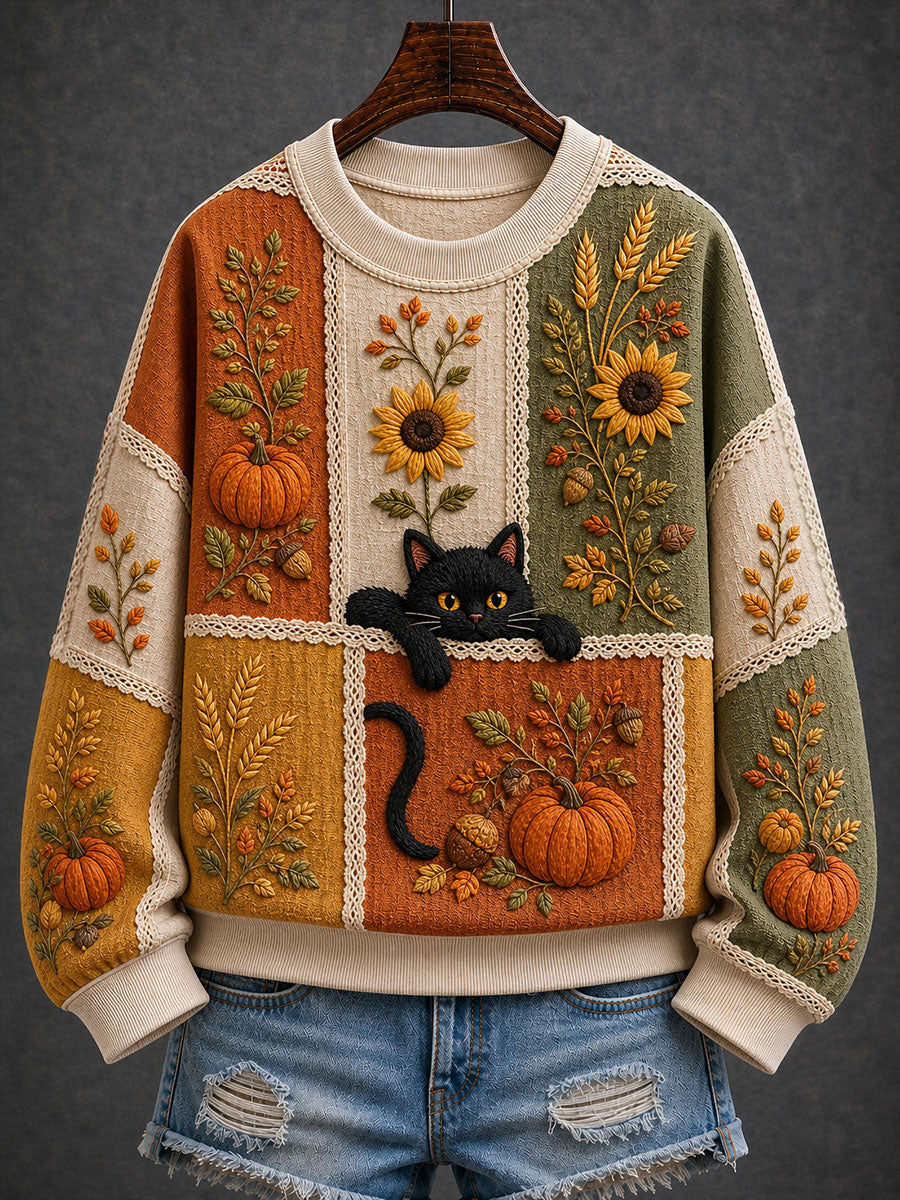 Women's Autumn Black Cat Regular Sweatshirt