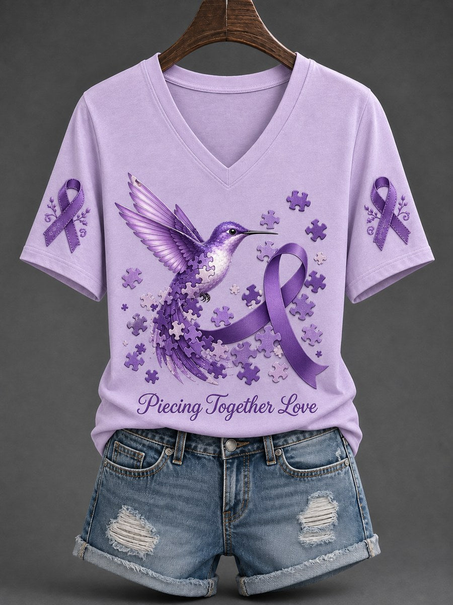 Women's Alzheimer's Disease Awareness Supports Purple Ribbon Art Print Short-Sleeved T-Shirt