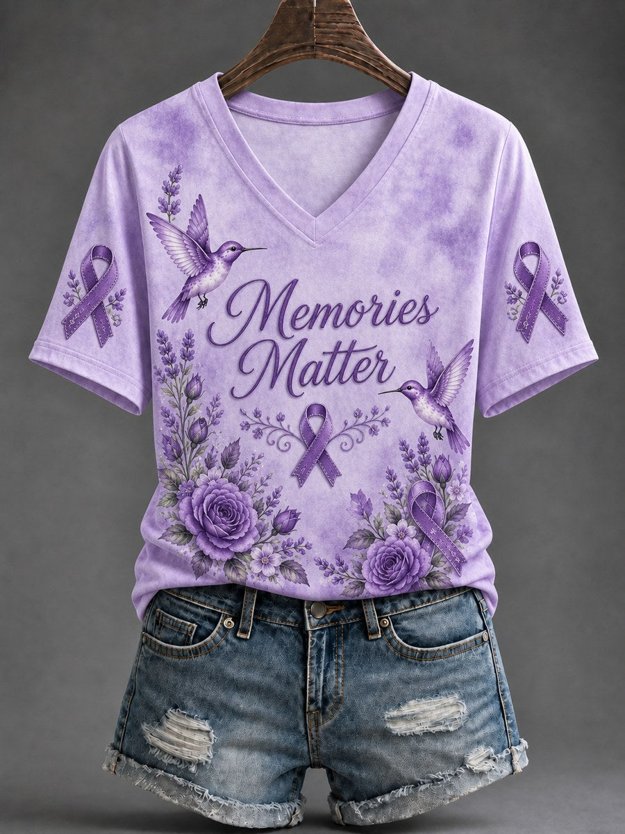 Women's Alzheimer's Disease Awareness Supports Purple Ribbon Art Print Short-Sleeved T-Shirt