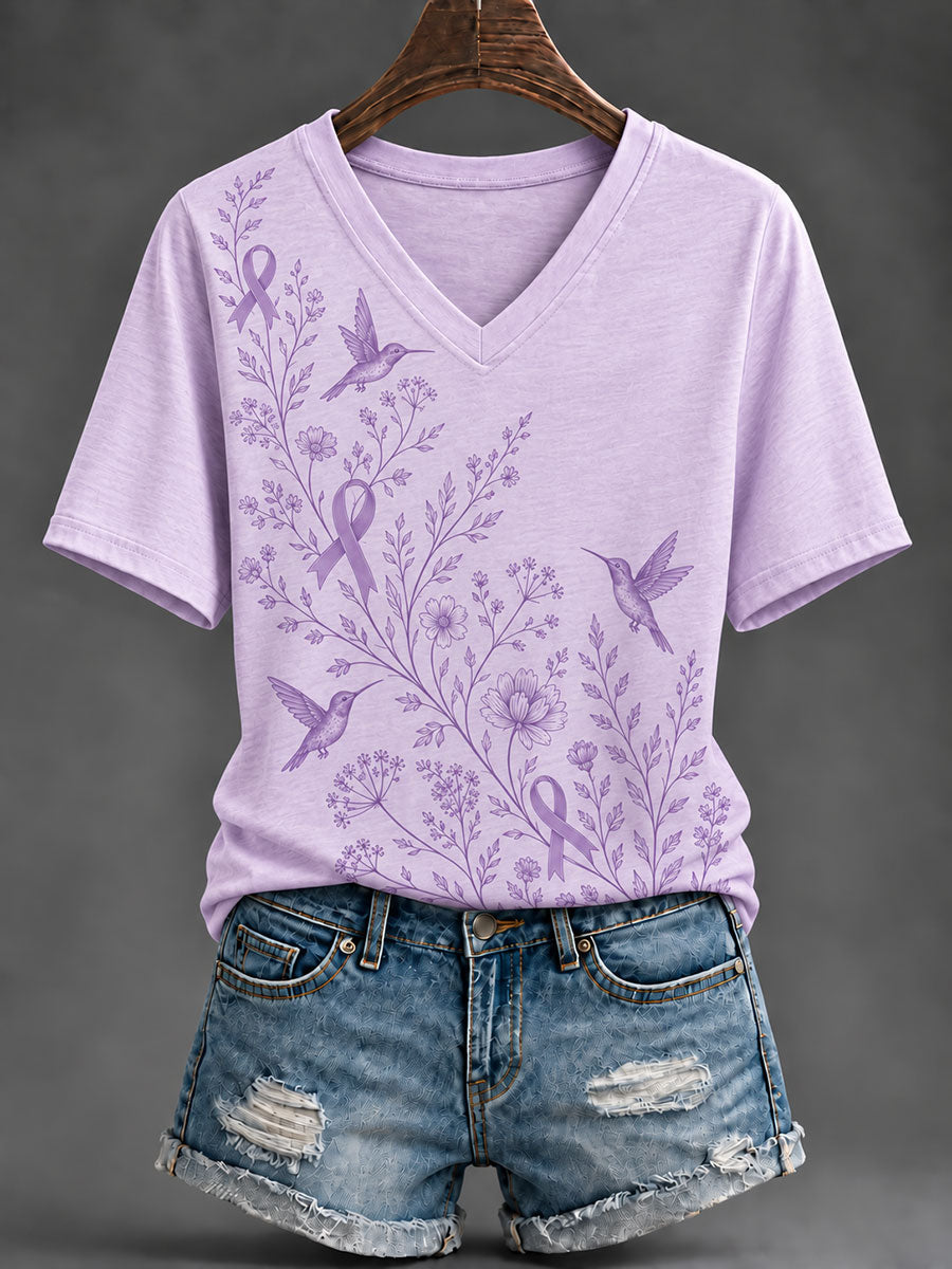 Women's Alzheimer's Disease Awareness Supports Purple Ribbon Art Print Short-Sleeved T-Shirt