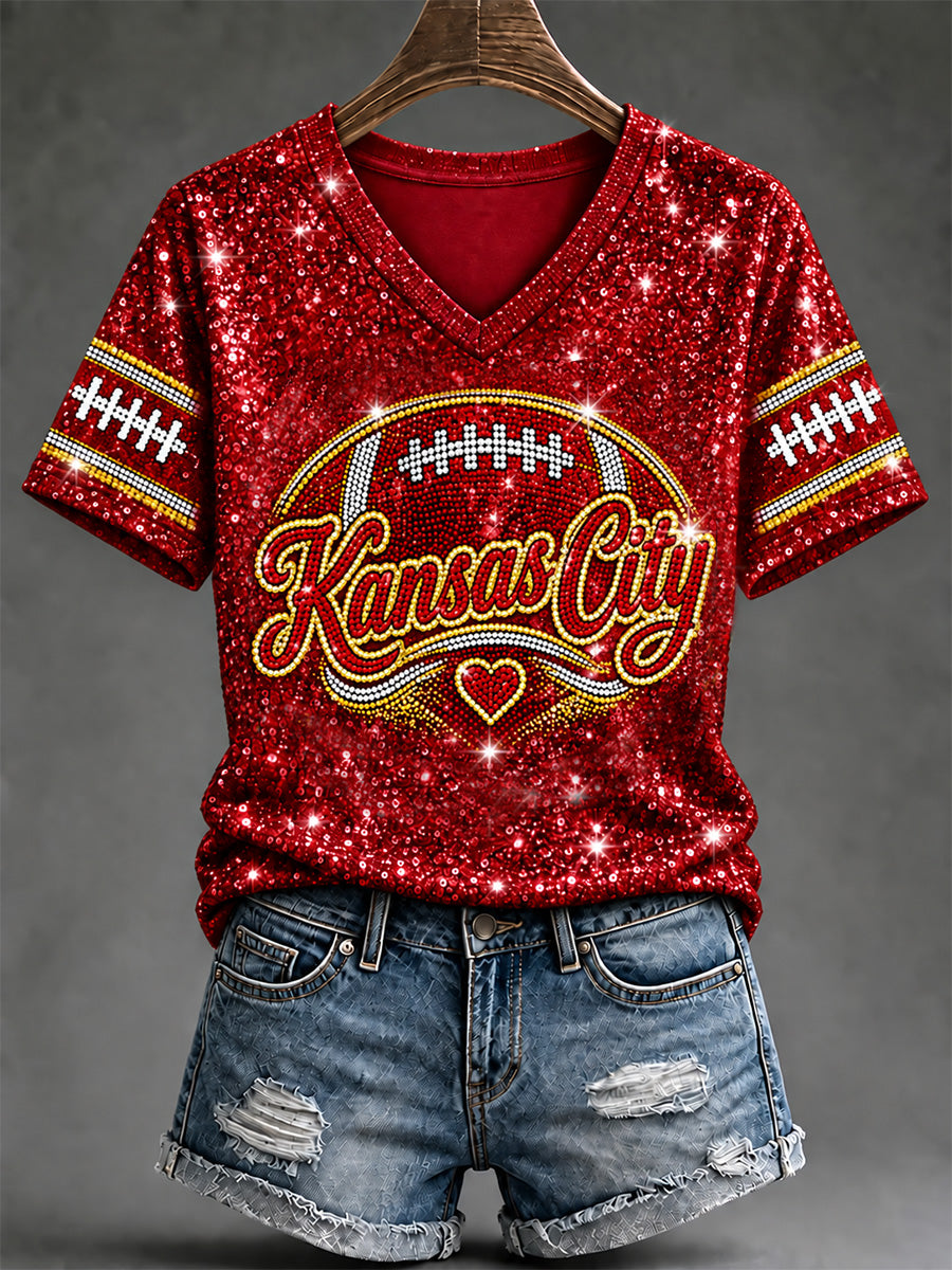 Women's Football Gameday Gift For Football Fans Print V-Neck Tee