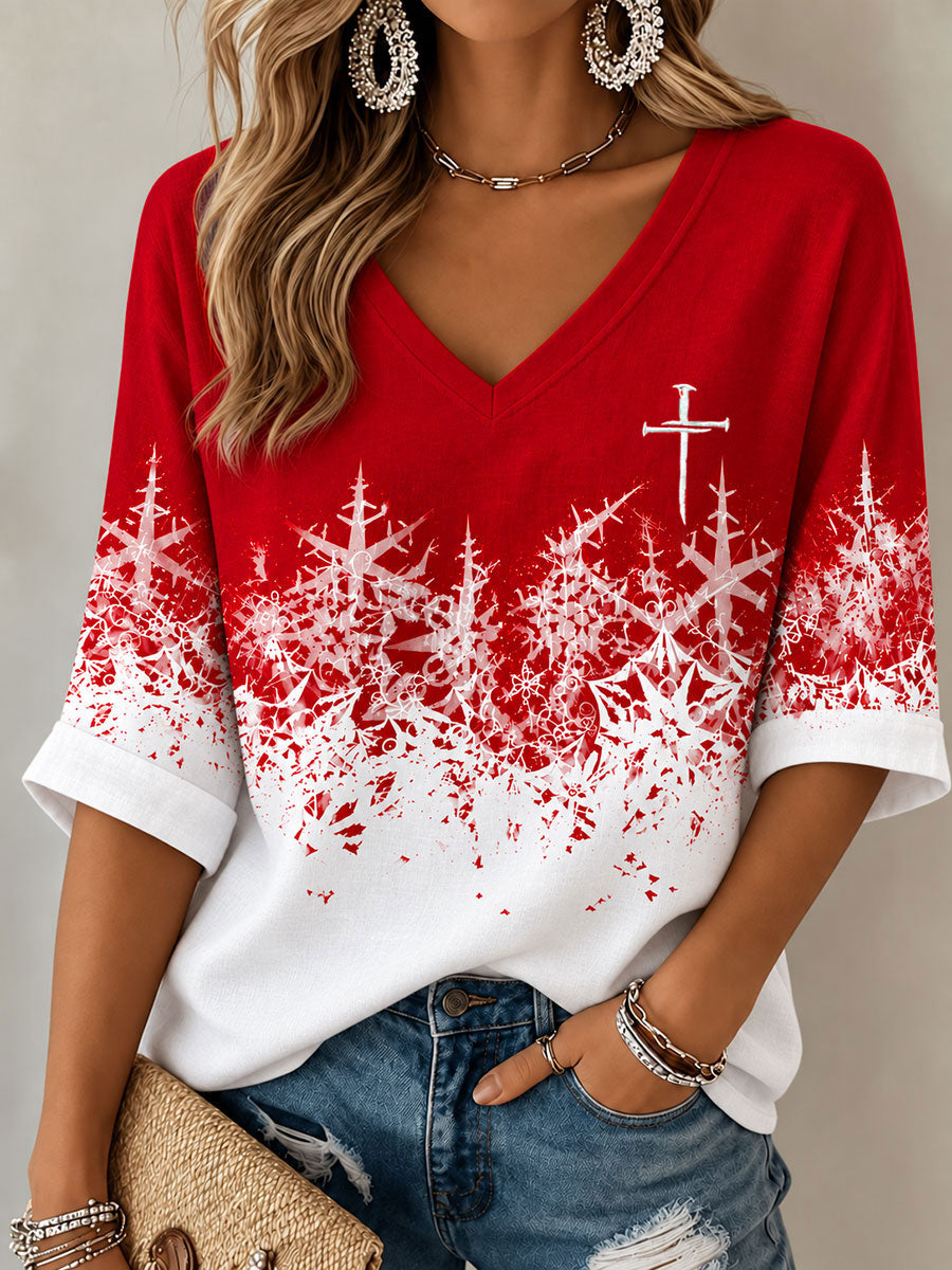 Women's Christmas Faith Sleeves V-Neck T-Shirt