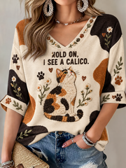 Women's calico cat Printed Mid-length Sleeves V-Neck T-Shirt