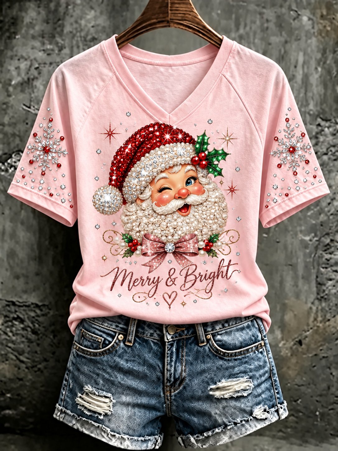 Women's Christmas V-neck Off-shoulder Short-sleeved T-shirt