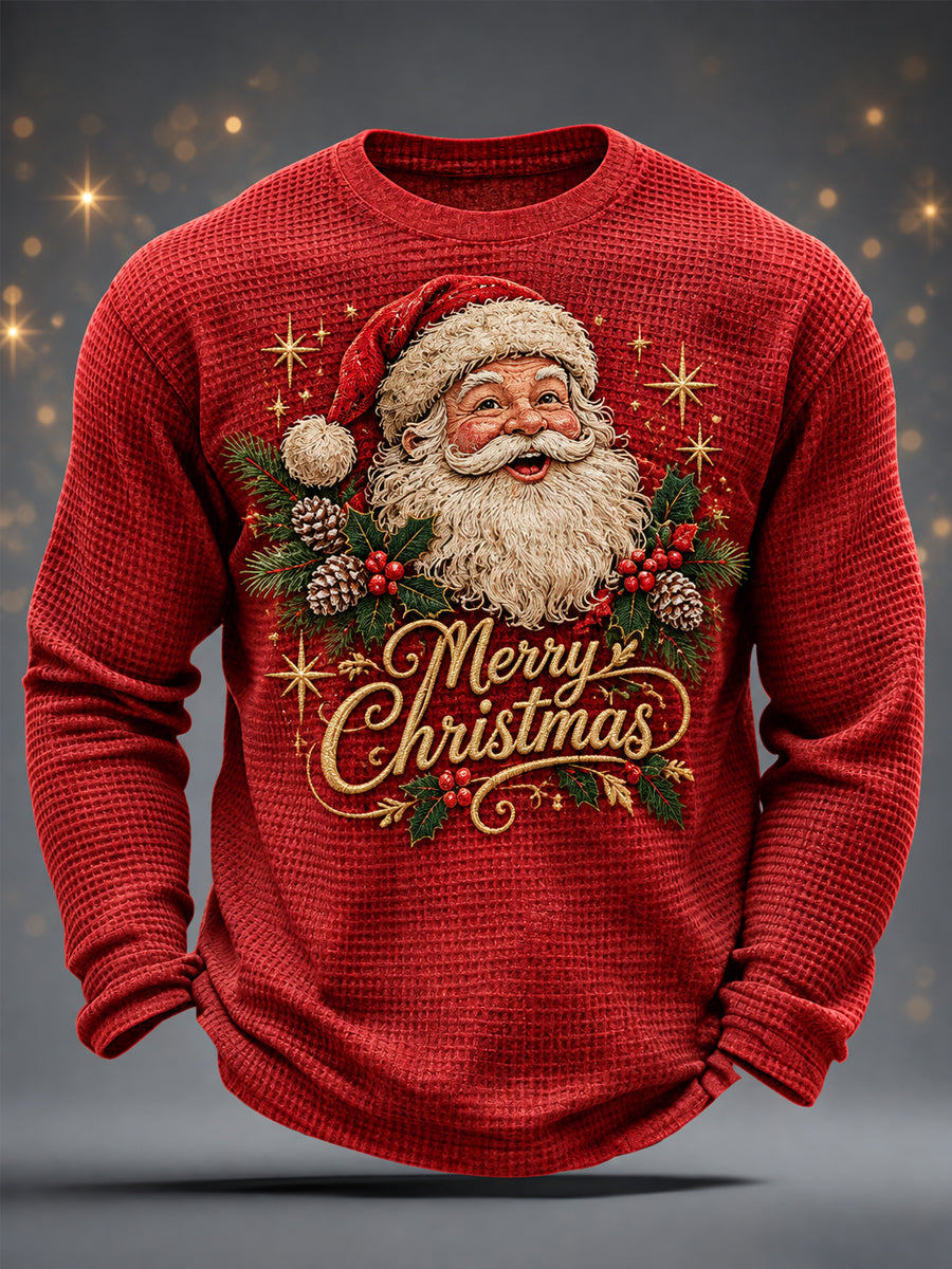 Men's Christmas Santa Claus Print Casual Waffle Long Sleeve T-Shirt