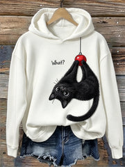 Women's What Funny Christmas Hanging Black Cat Print Cozy Hoodie