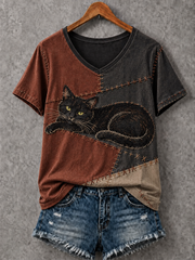 Women's Halloween Cat Printed V-neck T-shirt