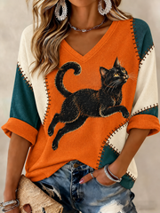 Women's Halloween Cat Printed Mid-length Sleeves V-neck T-shirt