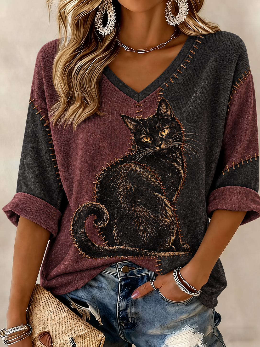 Women's Halloween Cat Printed Mid-length Sleeves V-neck T-shirt