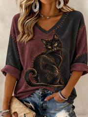 Women's Halloween Cat Printed Mid-length Sleeves V-neck T-shirt