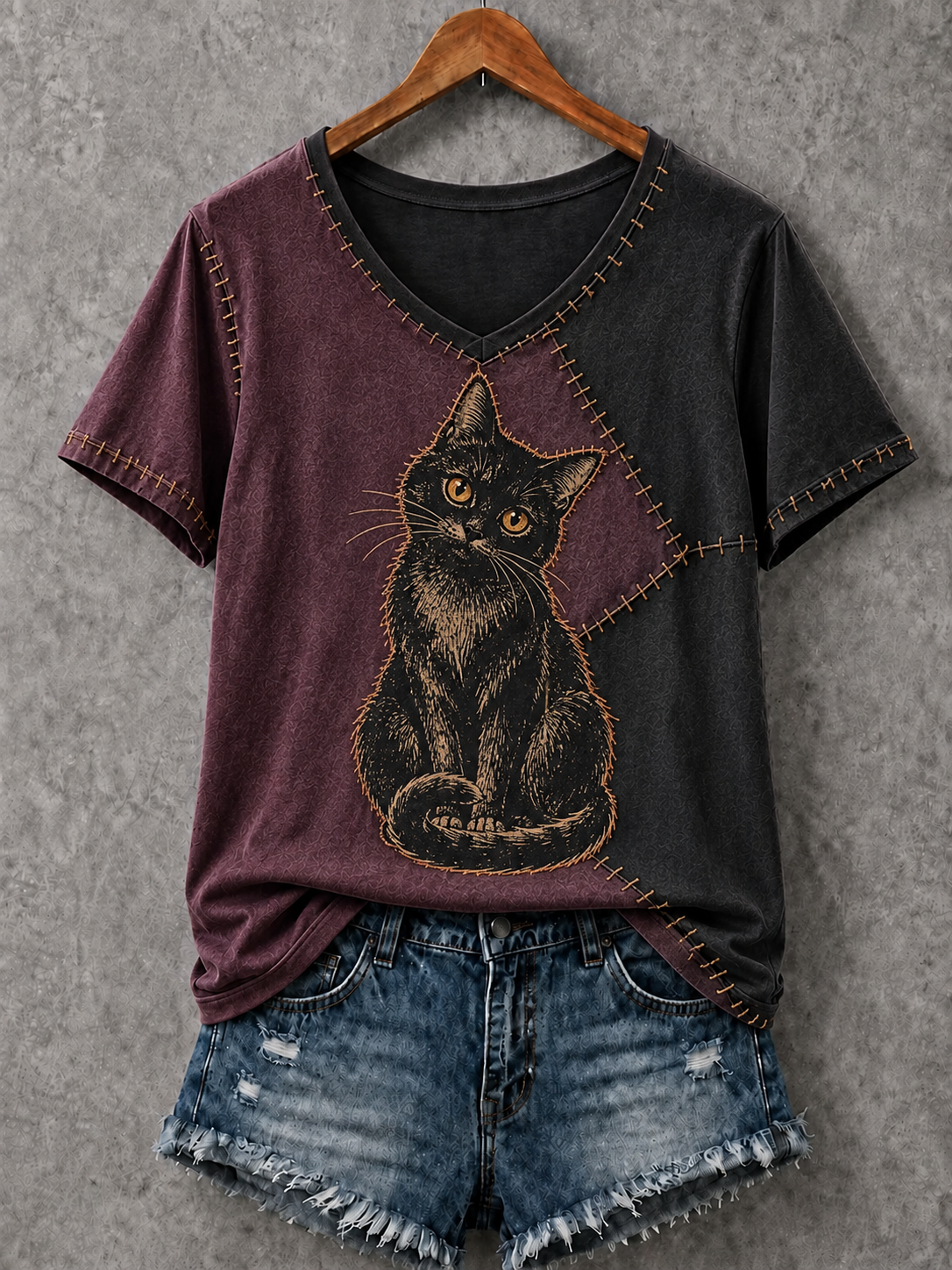 Women's Halloween Cat Printed V-neck T-shirt
