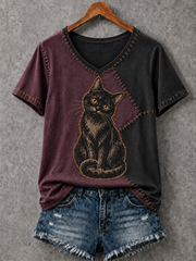 Women's Halloween Cat Printed V-neck T-shirt