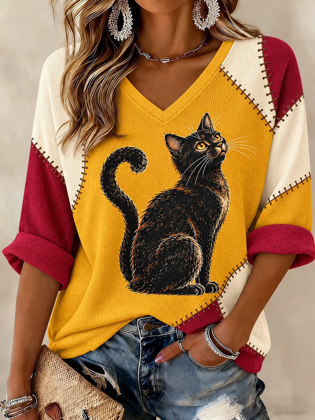 Women's Halloween Cat Printed Mid-length Sleeves V-neck T-shirt