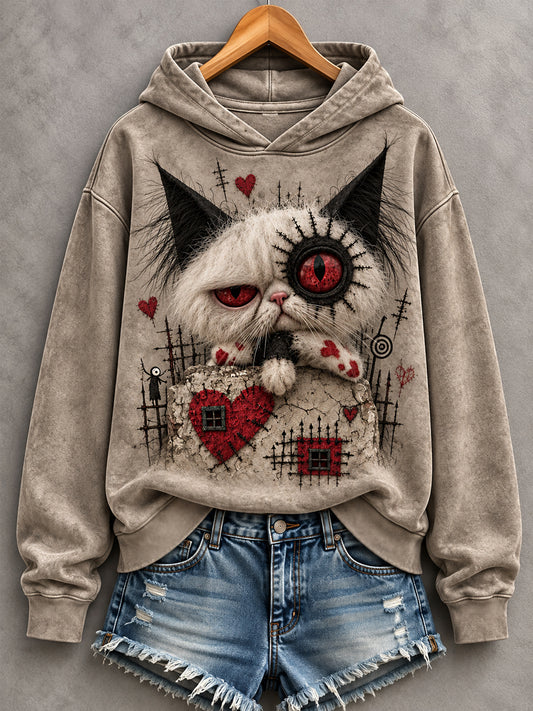 Women's Halloween Creepy Cat Print  Casual Hoodie