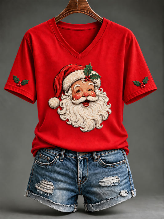 Women's Christmas Santa Claus Art  V-neck Short Sleeve T-shirt
