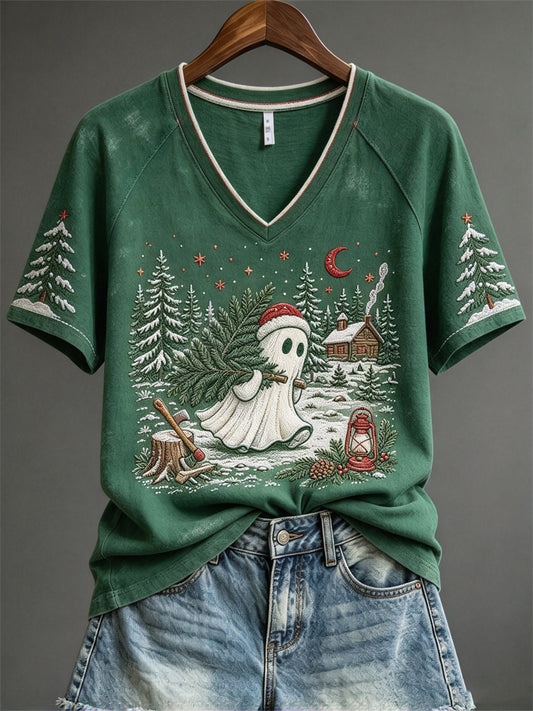 Women's Christmas Logging Ghost Forest Cottage Print short-sleeved T-shirt