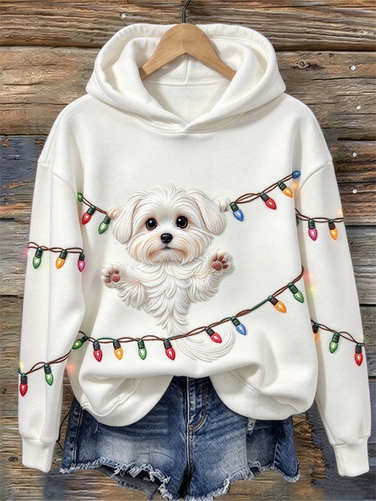 Women's Funny Hanging Maltese Dog Christmas Lights Print Hoodie