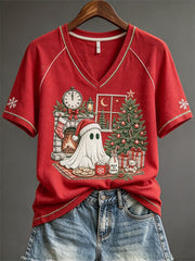 Women's Christmas Cozy Ghost by the Fire Print short-sleeved T-shirt