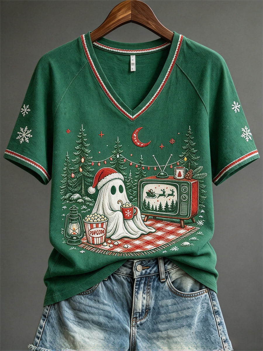 Women's Christmas Cozy Ghost Camping with TV Print short-sleeved T-shirt