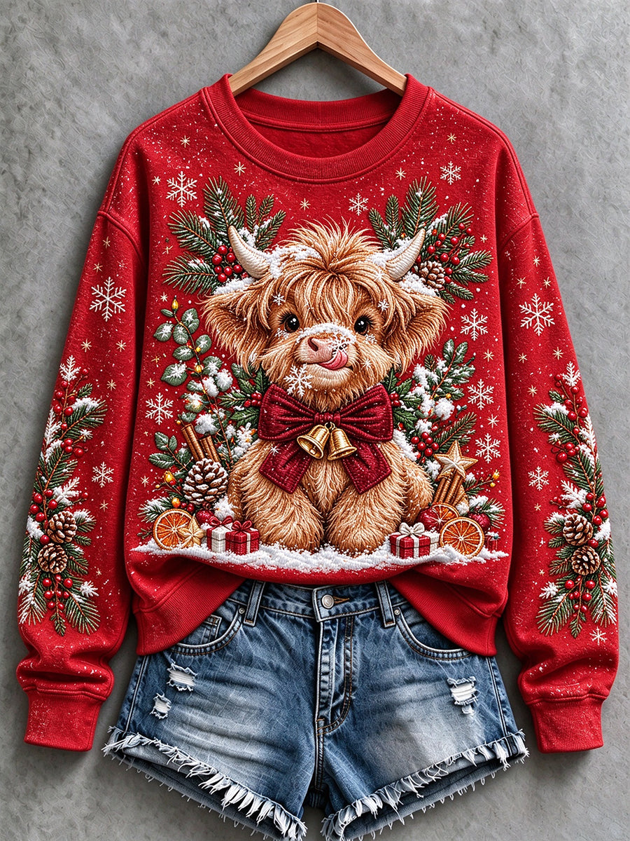Women's Christmas Highland Cow Print  Sweatshirt