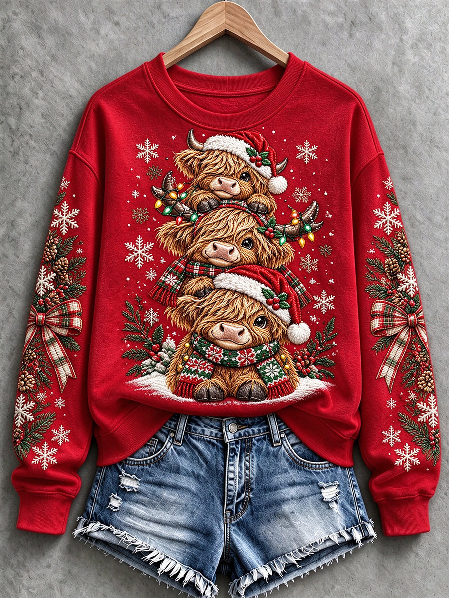 Women's Christmas Highland Cow Print  Sweatshirt