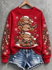 Women's Christmas Highland Cow Print  Sweatshirt
