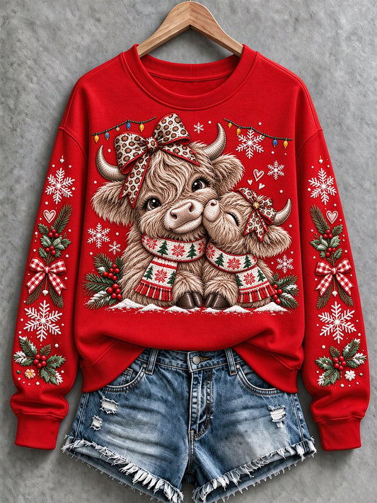 Women's Christmas Highland Cow Print  Sweatshirt
