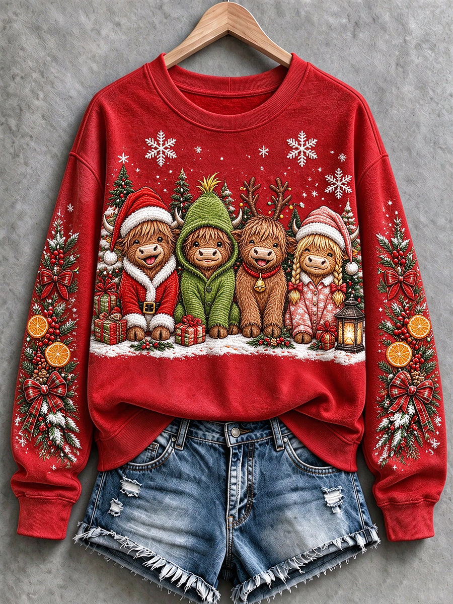 Women's Christmas Highland Cow Print  Sweatshirt