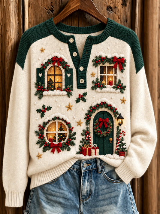 Women's Snowy Christmas House Door & Windows Print Button Up Sweater