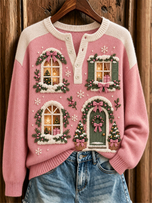 Women's Snowy Pink Christmas House Door & Windows Print Button Up Sweater