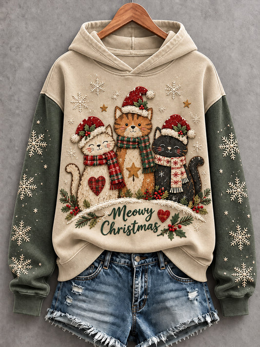 Women's Vintage Christmas "Meowy Christmas" Cute Cats Art  Regular Hoodie