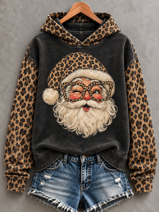 Women's Christmas Santa Claus Leopard Print Casual Hoodie