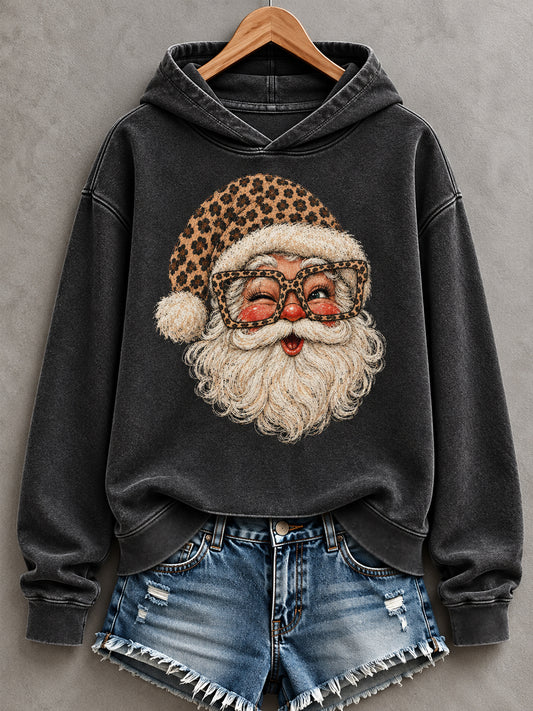 Women's Christmas Santa Claus Leopard Print Casual Hoodie