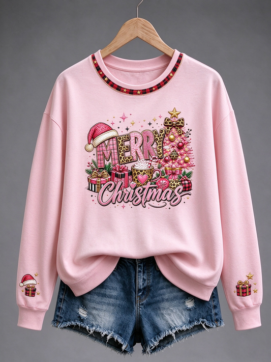 Women's Christmas Breast Cancer Print Regular Sweatshirt