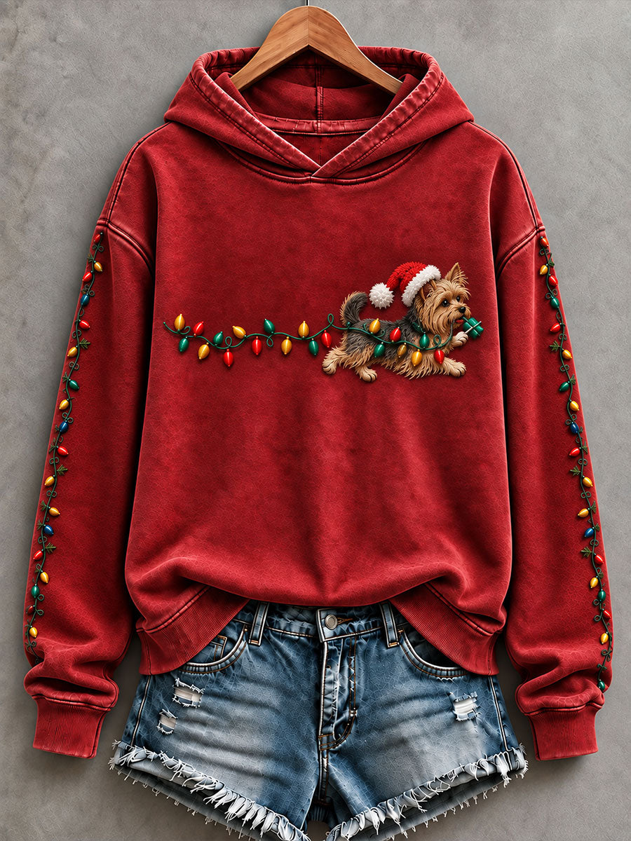 Women's Christmas Lights Yorkshire Terrier Print Regular Sweatshirt