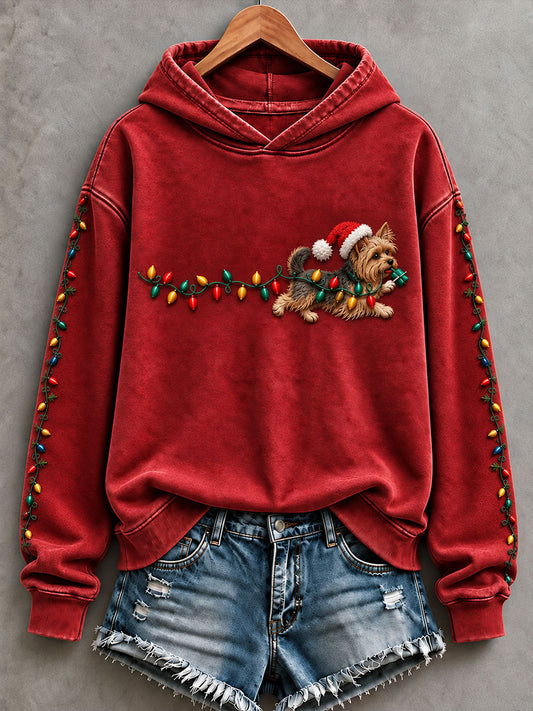 Women's Christmas Lights Yorkshire Terrier Print Regular Sweatshirt