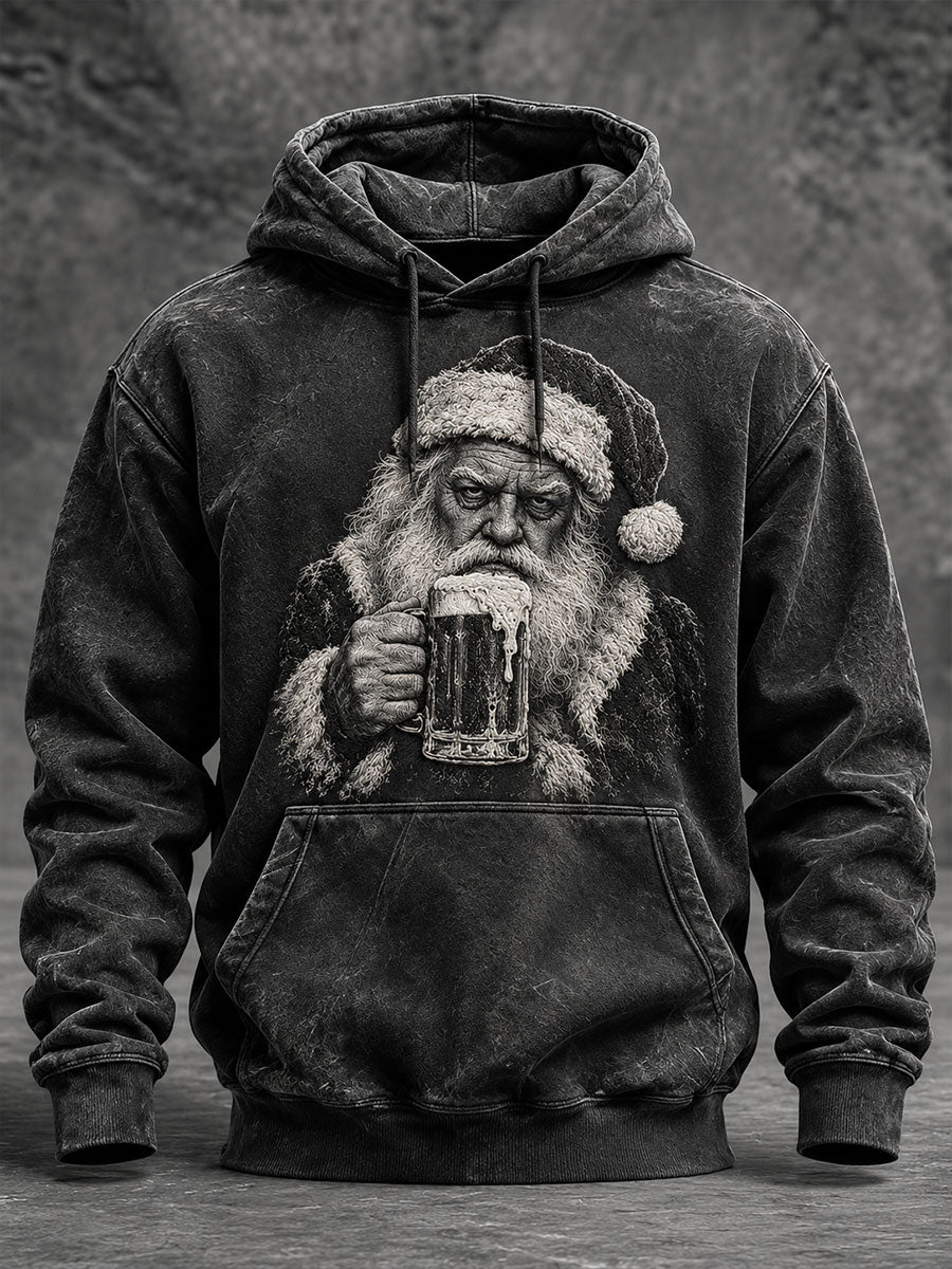 Men's Santa Claus Beer Print Oversized Drop-Shoulder Hoodie With Pockets