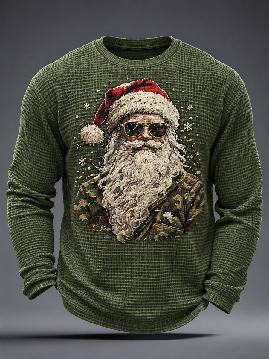 Men's Christmas Camouflage Santa Claus Print Casual Waffle Long Sleeve T-Shirt