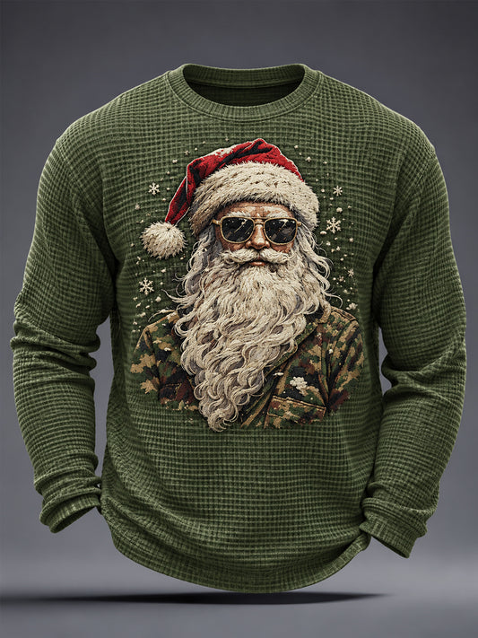 Men's Christmas Camouflage Santa Claus Print Casual Waffle Long Sleeve T-Shirt