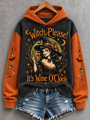 Women's Funny Halloween Witch Please! It's Wine O'Clock Print Casual Hoodie