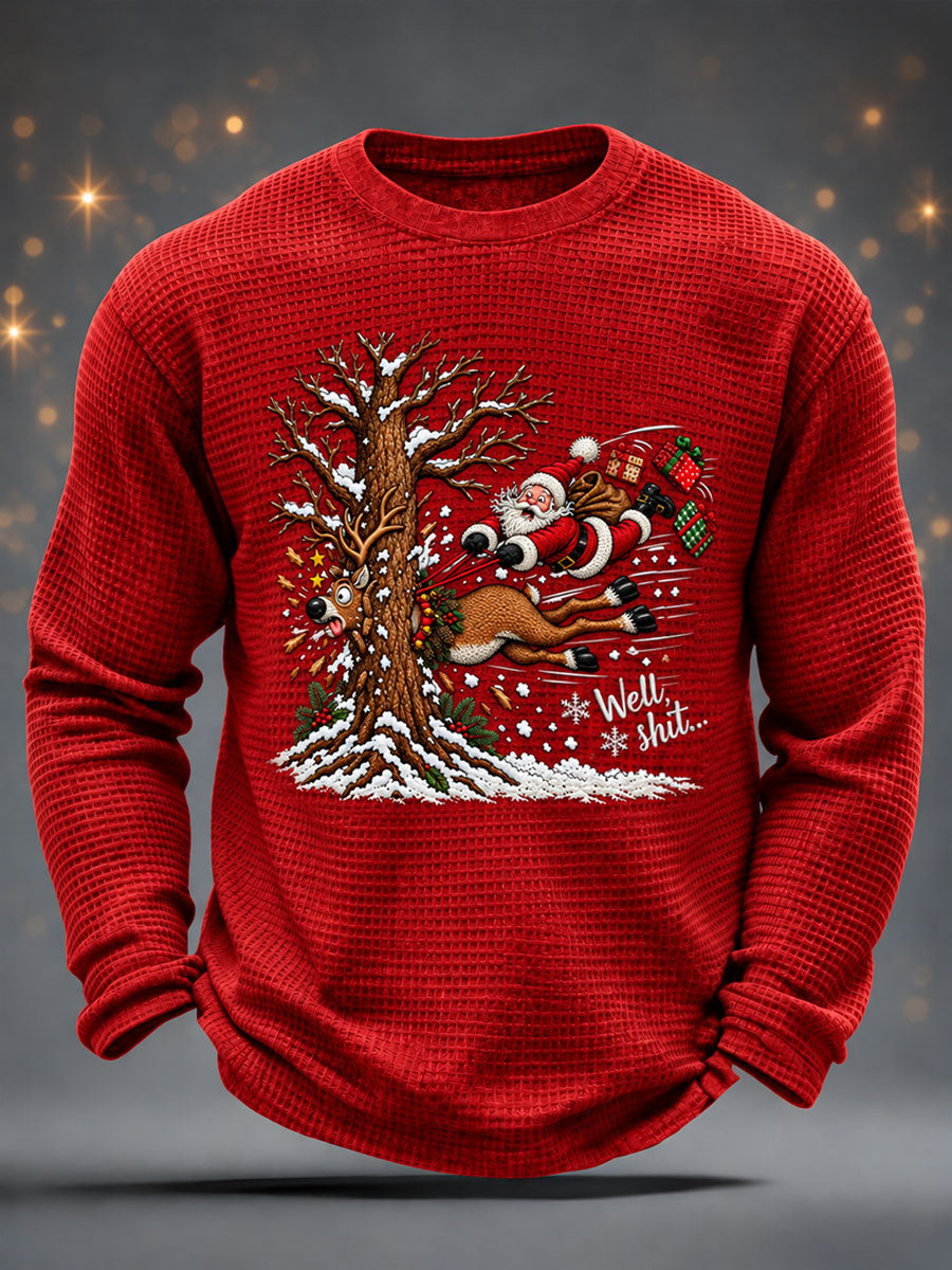 Men's Funny Christmas Santa Claus Print Casual Waffle Long Sleeve T-Shirt