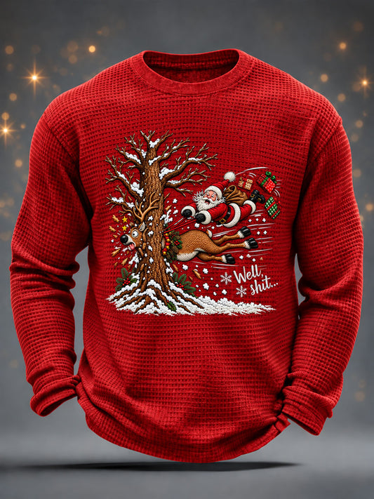 Men's Funny Christmas Santa Claus Print Casual Waffle Long Sleeve T-Shirt