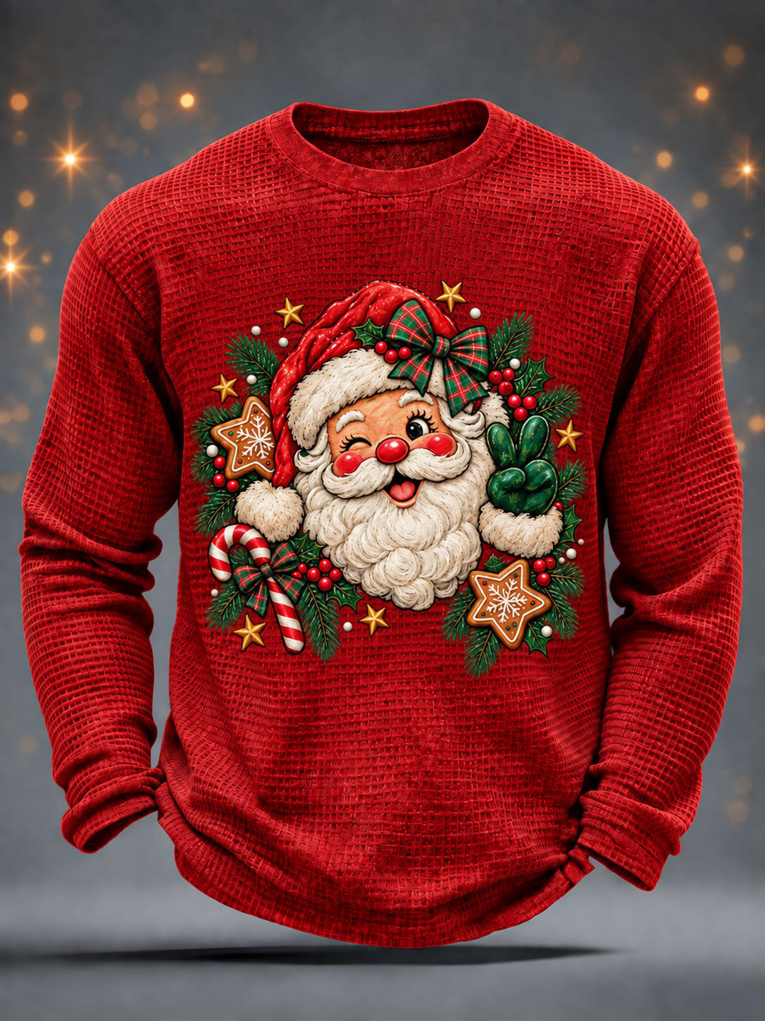 Men's Funny Christmas Santa Claus Print Casual Waffle Long Sleeve T-Shirt