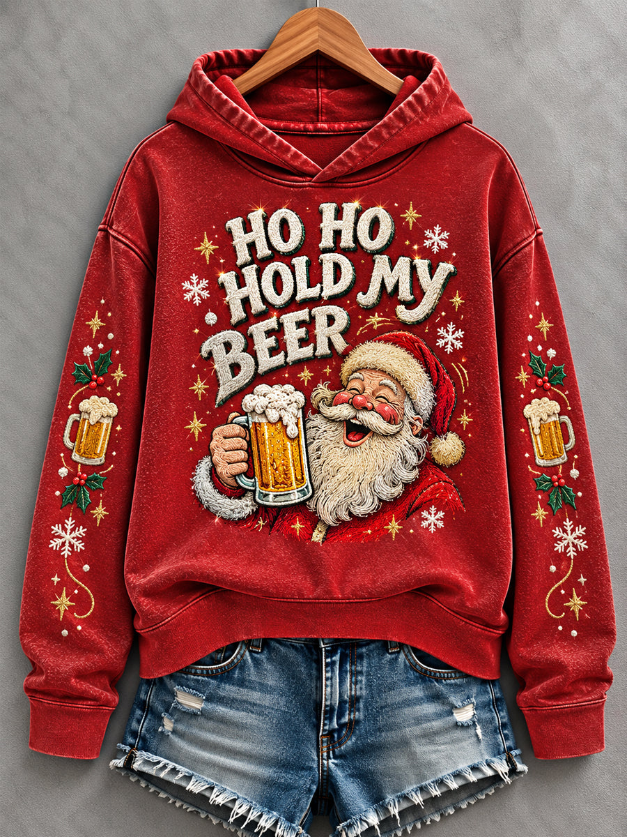 Women's Funny Christmas Ho Ho Hold My Beer Santa Claus Print Casual Hoodie