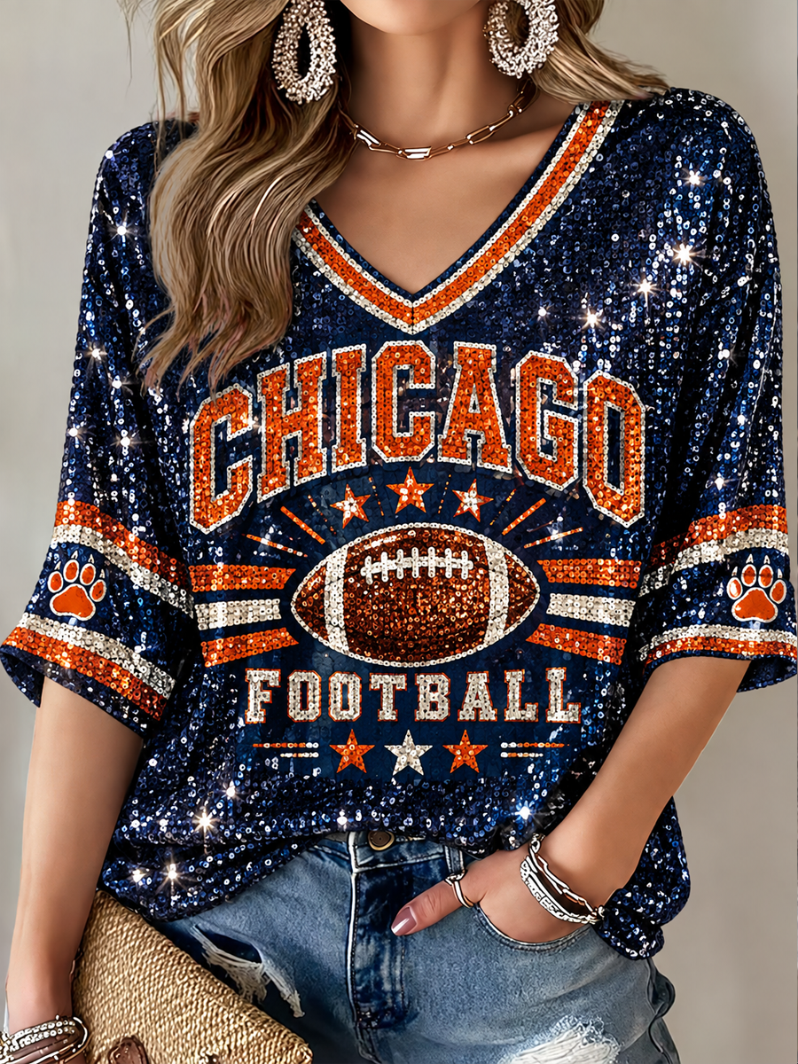Women's Football Gameday Gift For Football Fans Mid-length Sleeves V-Neck T-Shirt