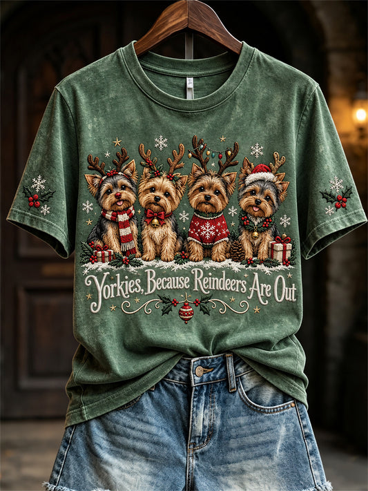 Women's Yorkies Because Reindeers Are Out Christmas Dogs Print short-sleeved T-shirt